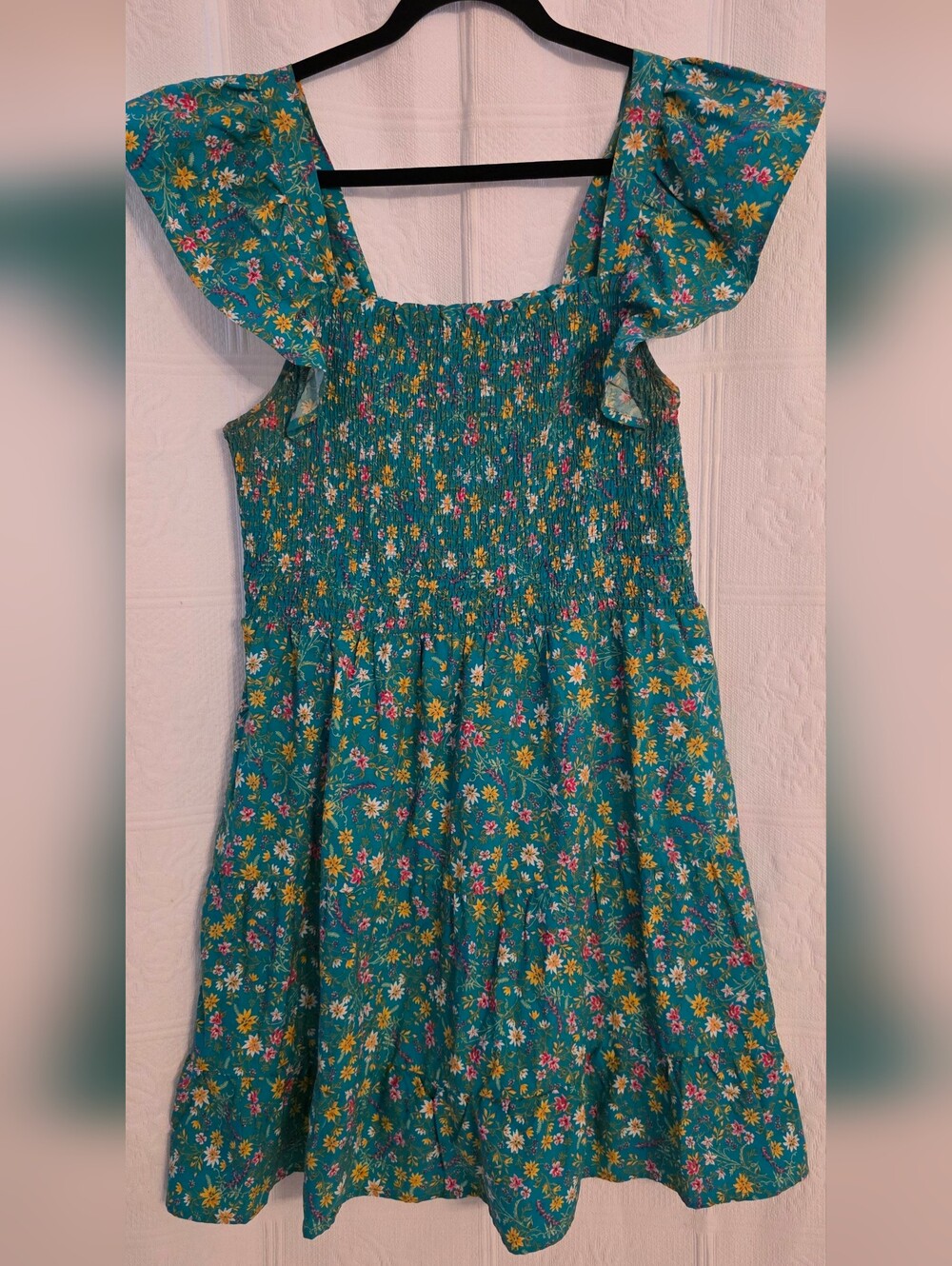 Time and Tru Teal Floral Smocked Mini Dress with Flutter Sleeves